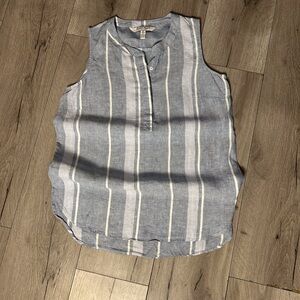 Ellen Tracy Linen Blue White Bold Striped Buttoned Tank Top Medium Linen
